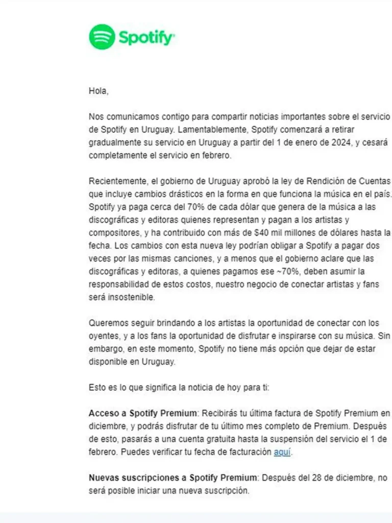 Comunicado de Spotify a usuarios de Uruguay.